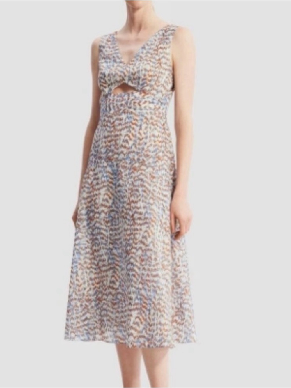 Theory Sleeveless Midi Dress in Blue and Brown Abstract Print